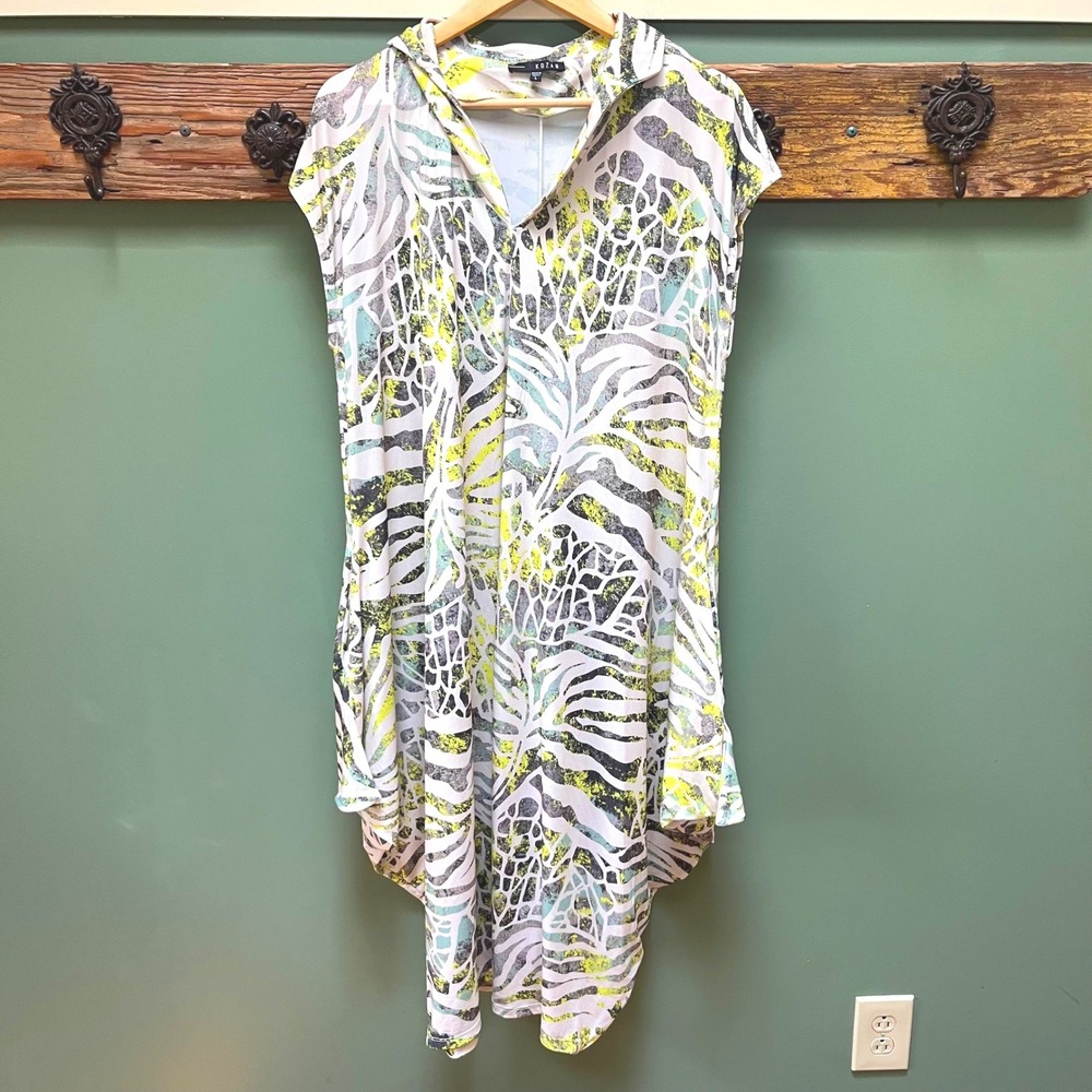 Kozan Lime Green Abstract Print High-Low Tunic Dress Sleeveless Pockets Large